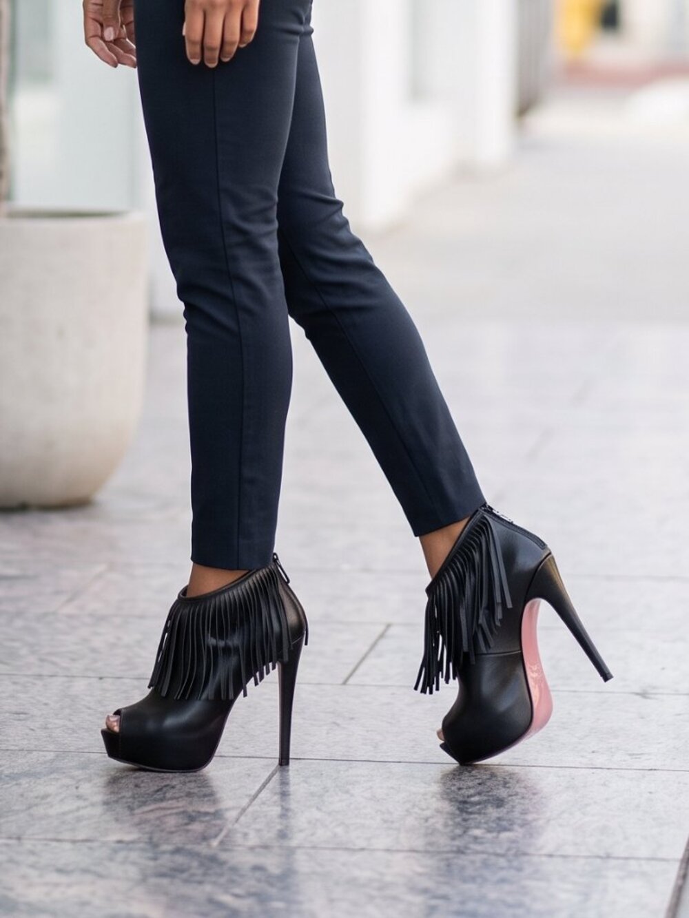 Cleopatra Black Fringe Peep Toe Platform Stiletto Bootie Heels 8.5